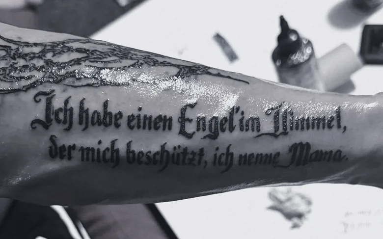 Lettering tattoo by Sami Sami at S.Ink — engel, forearm